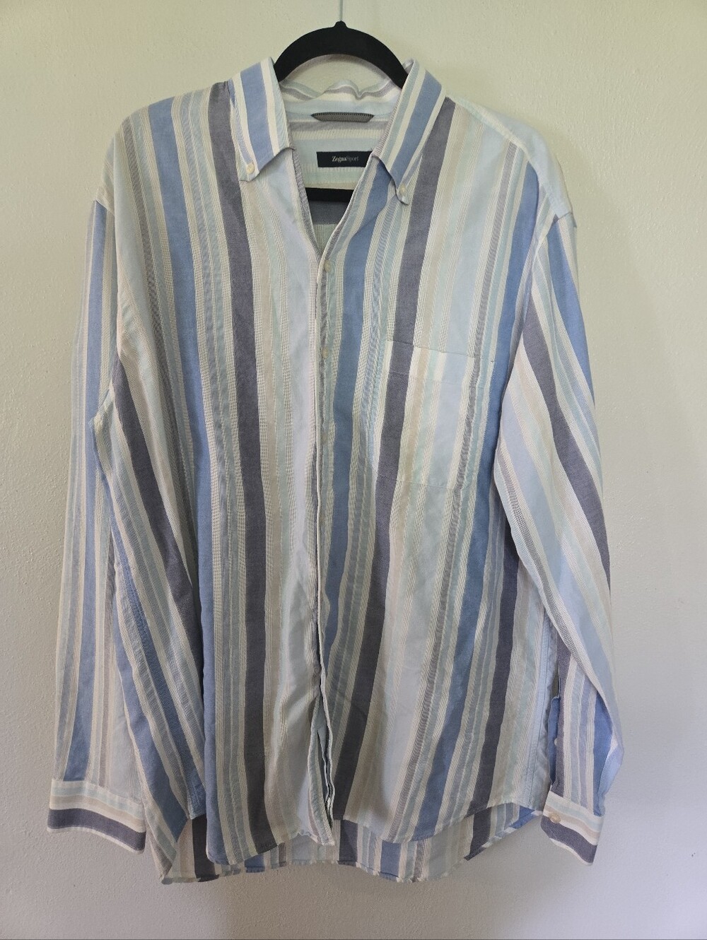 ZEGNA SPORT Men's Button Down Shirt Blue White Stripe Cotton XL